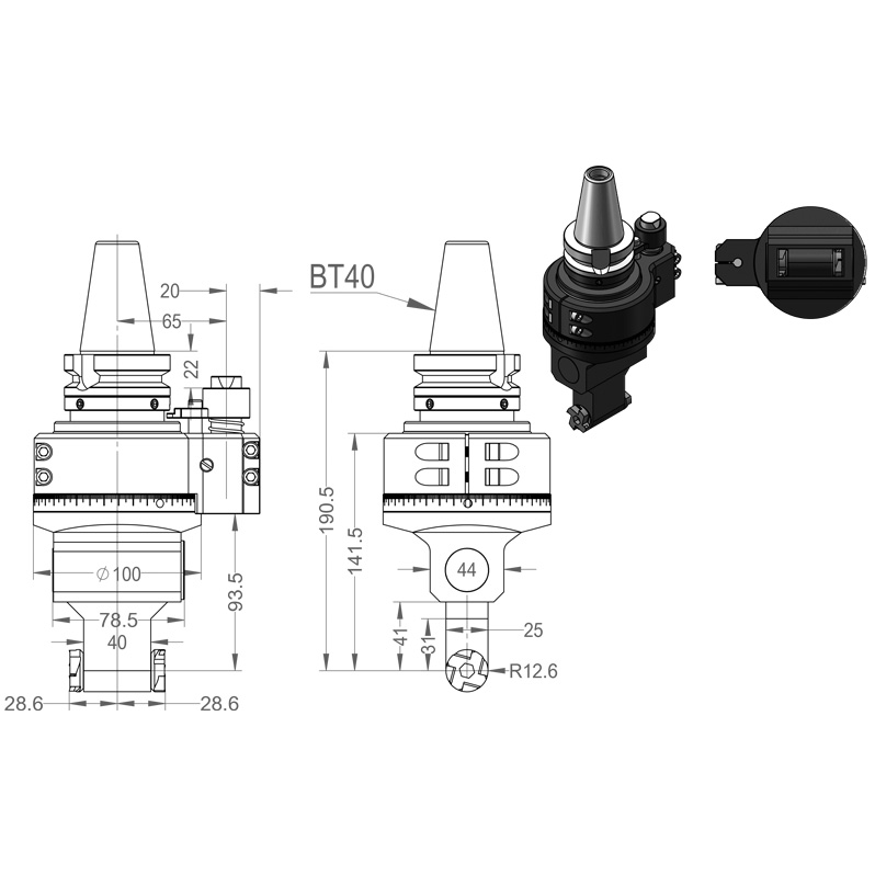 DK90-BT40-F25-2X Double output Angle head