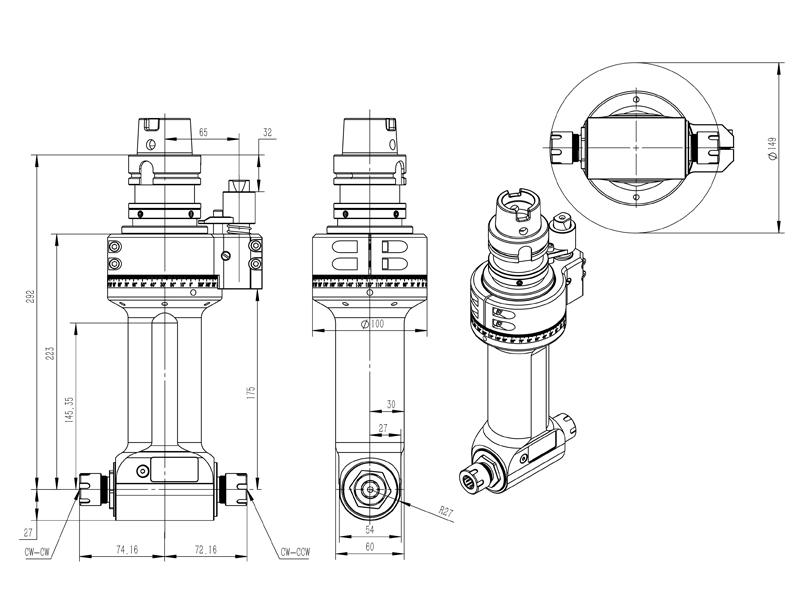 Drawing of the external dimensions of the angle head