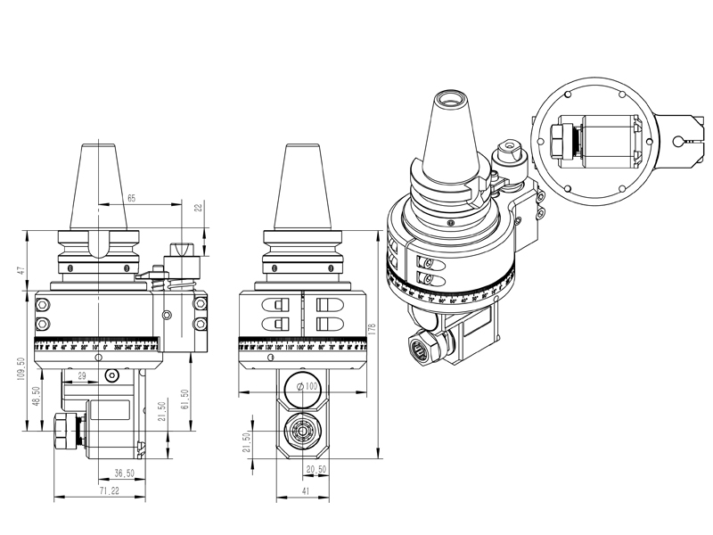 Drawing of the external dimensions of the angle head