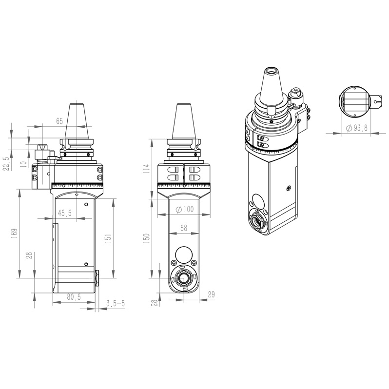 Drawing of the external dimensions of the angle head