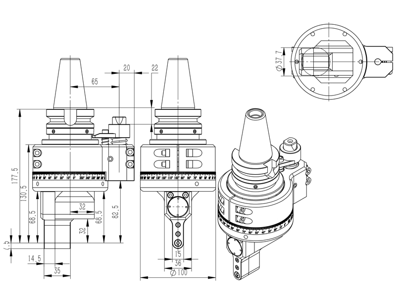 Drawing of the external dimensions of the angle head