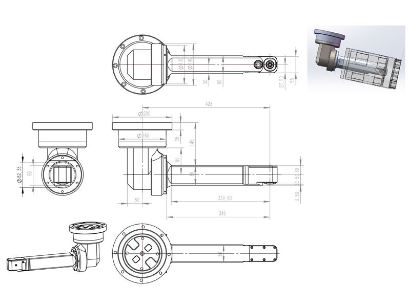 Drawing of the external dimensions of the angle head