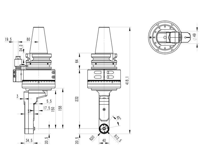 Drawing of the external dimensions of the angle head