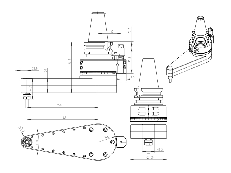 Drawing of the external dimensions of the angle head