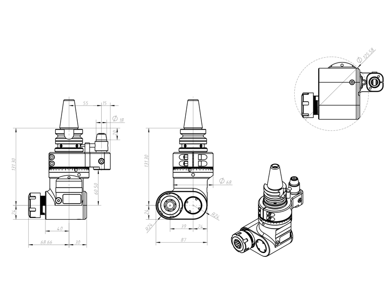 Drawing of the external dimensions of the angle head